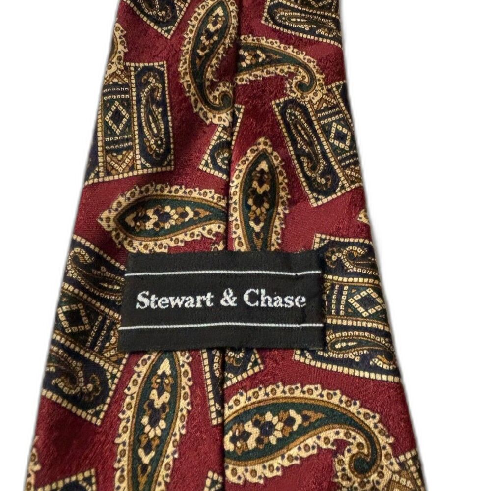 Stewart & Chase Vintage Silk Necktie Burgundy Red Paisley & Medallion Hand Sewn - Picture 2 of 6